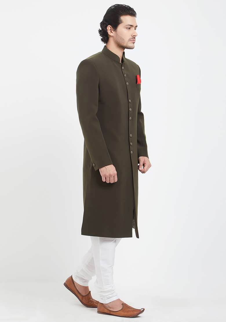 Brown Plain Silk Blend Sherwani For Men - Indya