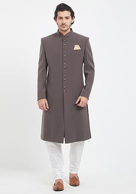 Brown Plain Silk Sherwani For Men