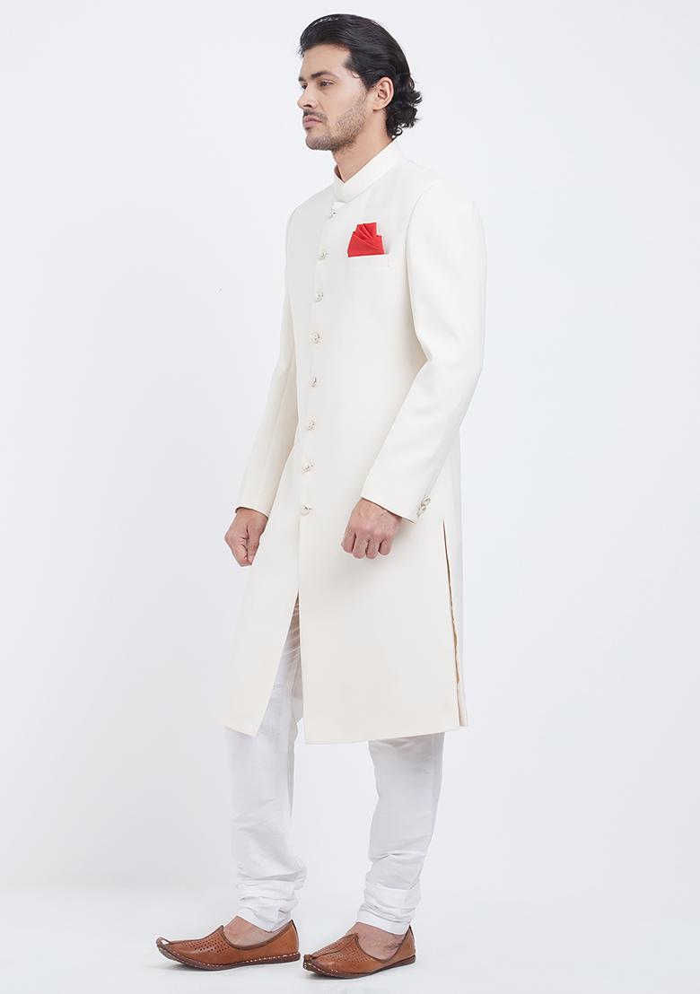 Off White Plain Silk Sherwani For Men