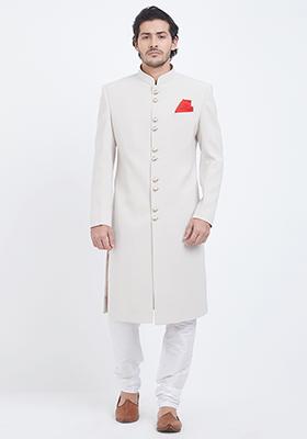 Cream Plain Silk Sherwani For Men