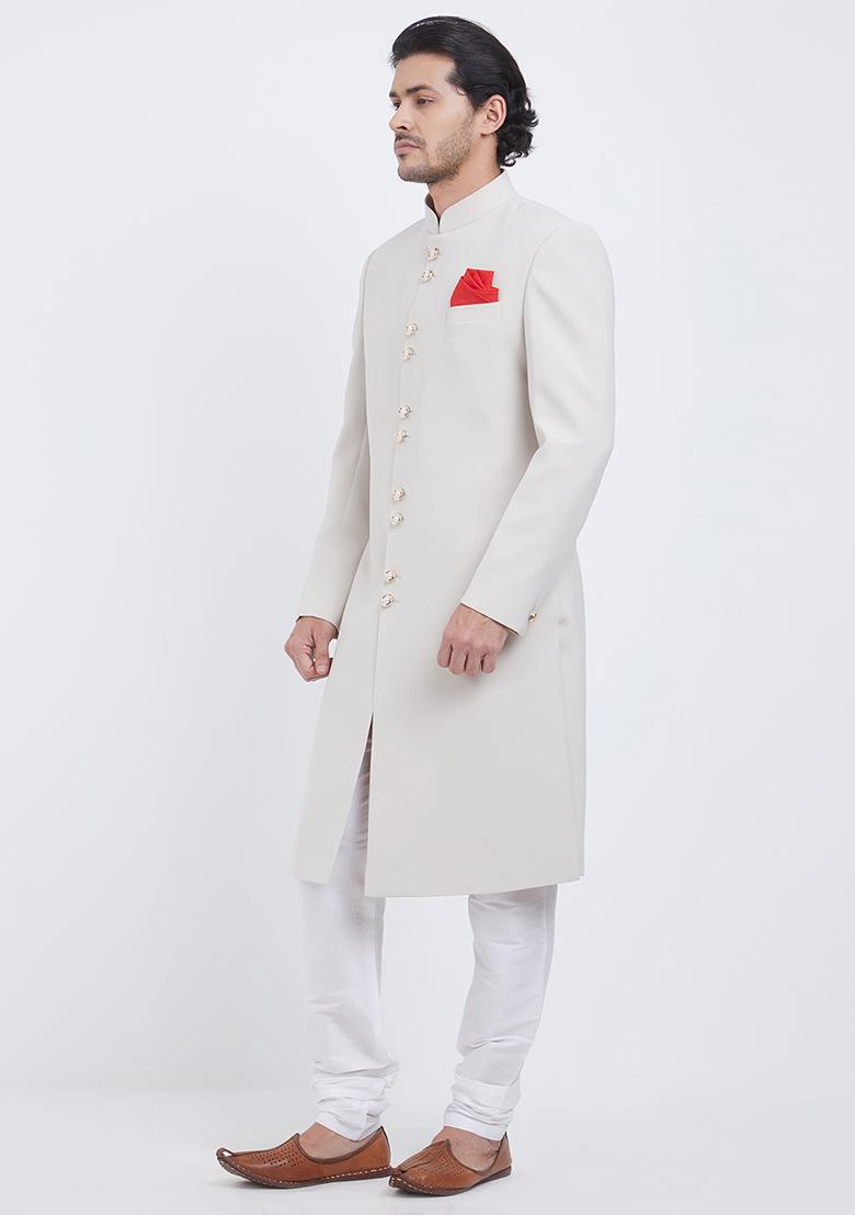 Cream Plain Silk Sherwani For Men