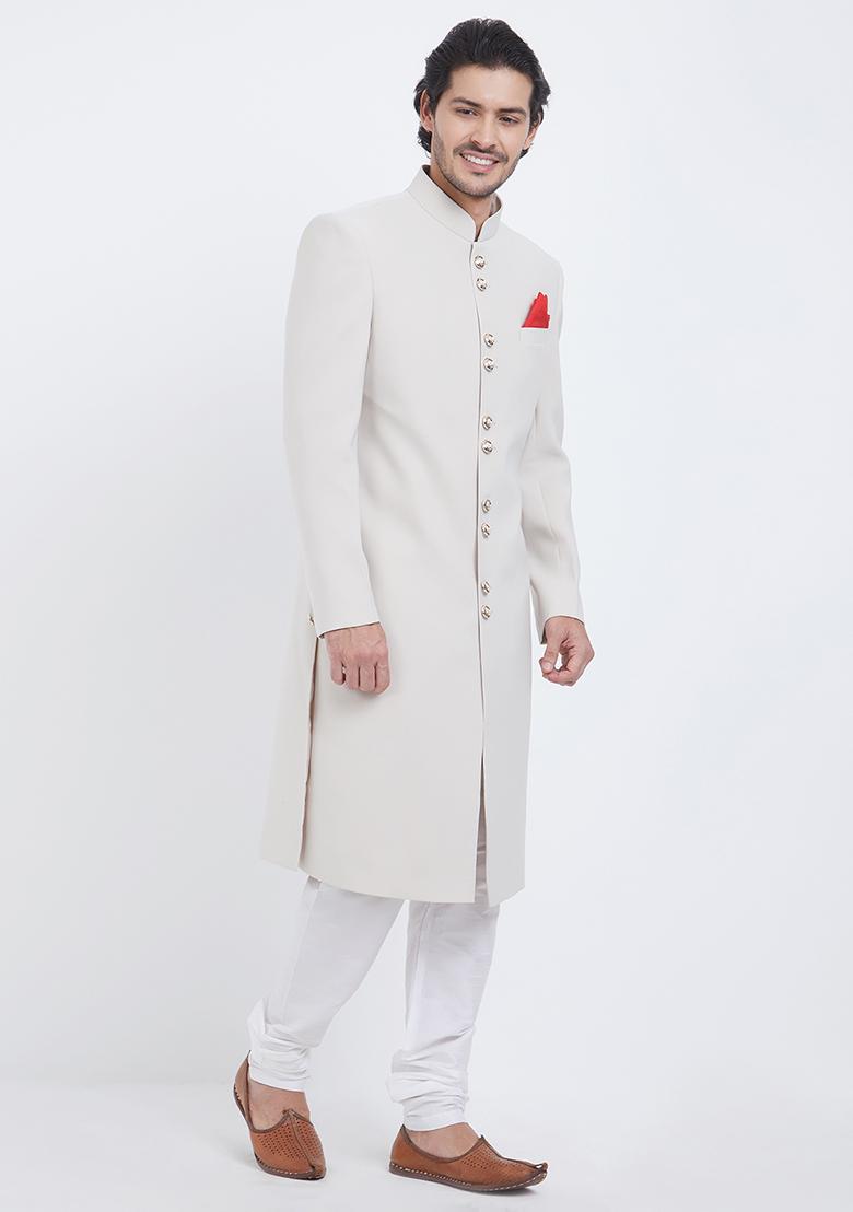 Cream Plain Silk Sherwani For Men