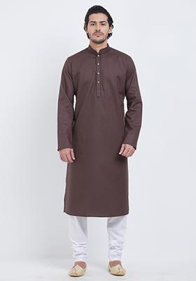 Brown Plain Cotton Kurta Set For Men