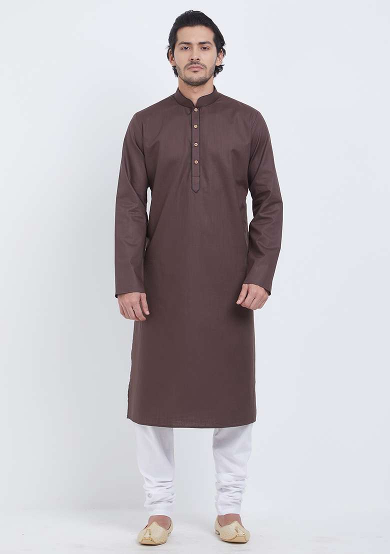 Brown Plain Cotton Kurta Set For Men - Indya