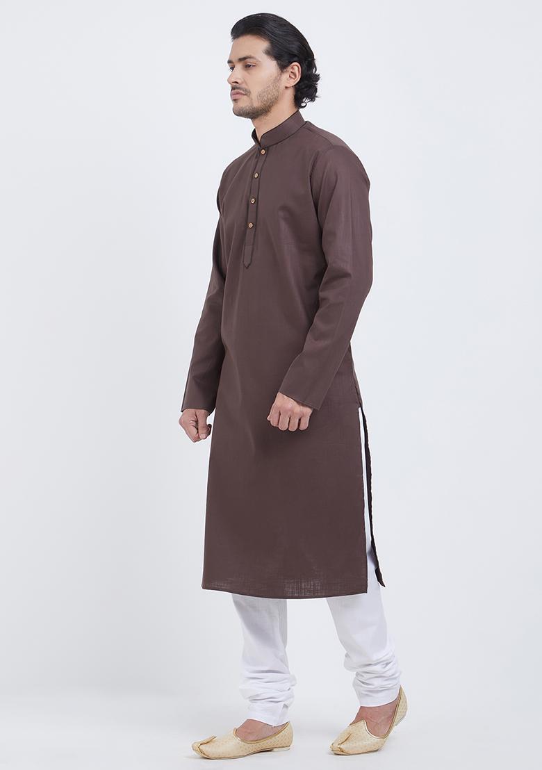 Brown Plain Cotton Kurta Set For Men