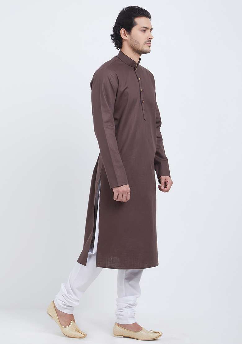 Brown Plain Cotton Kurta Set For Men - Indya