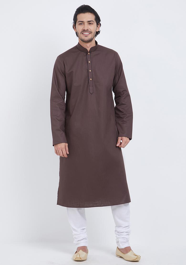 Brown Plain Cotton Kurta Set For Men