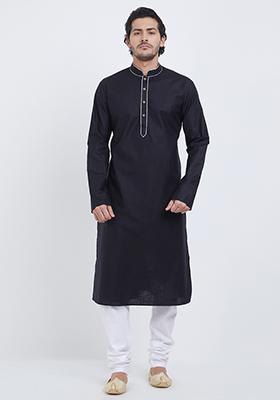 Black Plain Cotton Kurta Set For Men