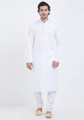 Off White Plain Cotton Kurta Set For Men