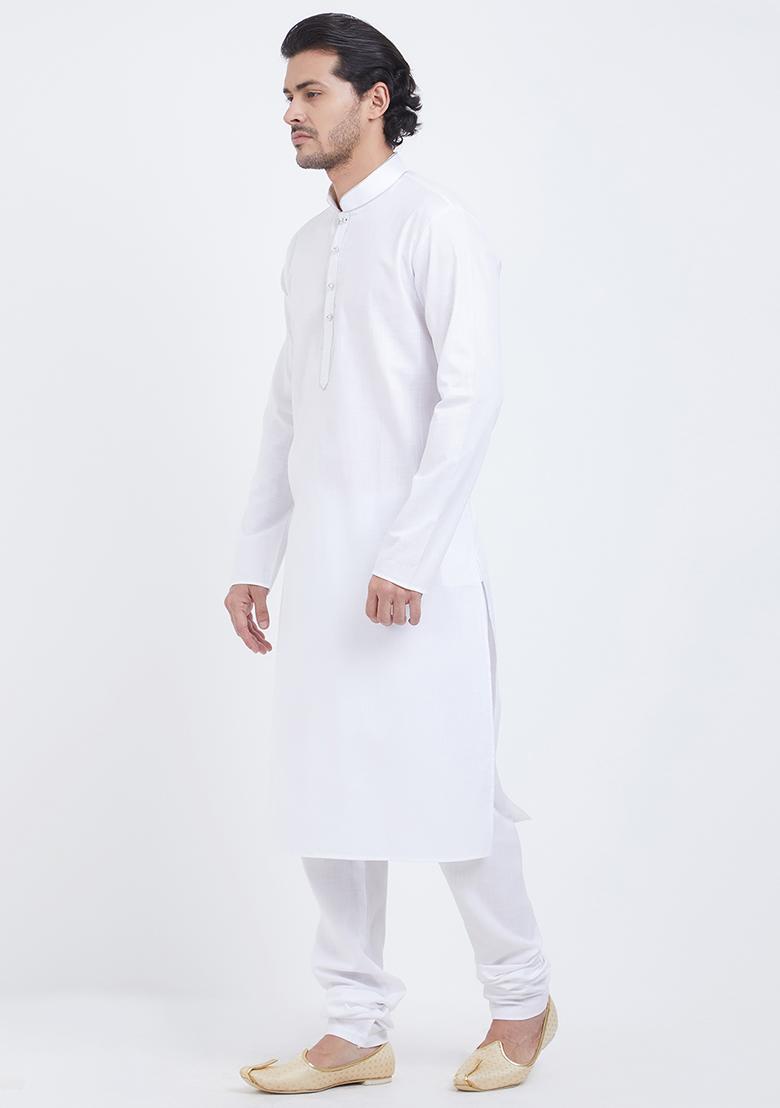 Off White Plain Cotton Kurta Set For Men