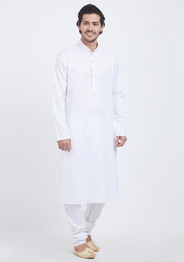 Off White Plain Cotton Kurta Set For Men