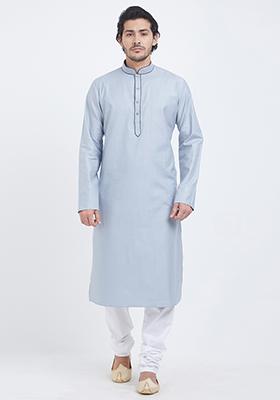 Sky Blue Plain Cotton Kurta Set For Men