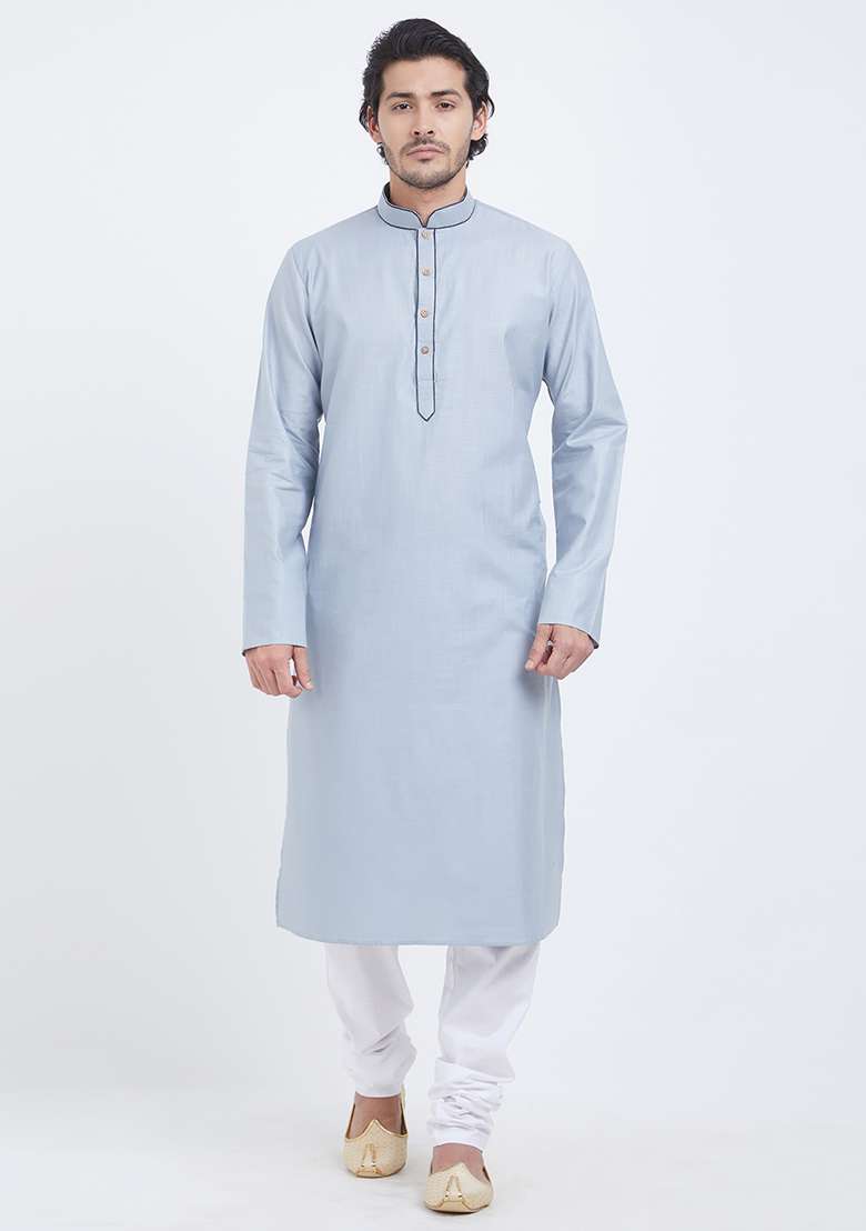 Sky Blue Plain Cotton Kurta Set For Men - Indya