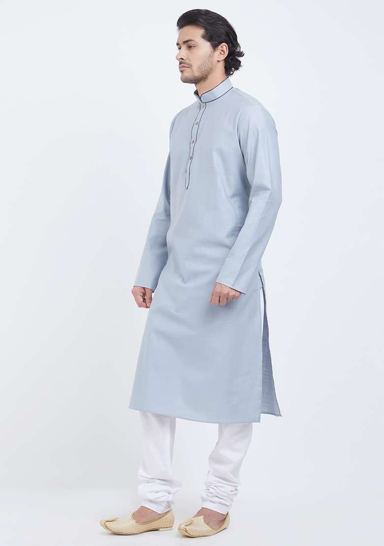 Sky Blue Plain Cotton Kurta Set For Men - Indya