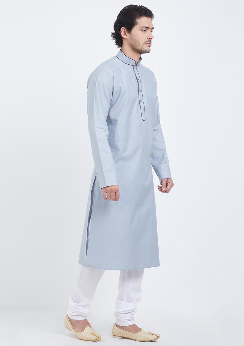 Sky Blue Plain Cotton Kurta Set For Men
