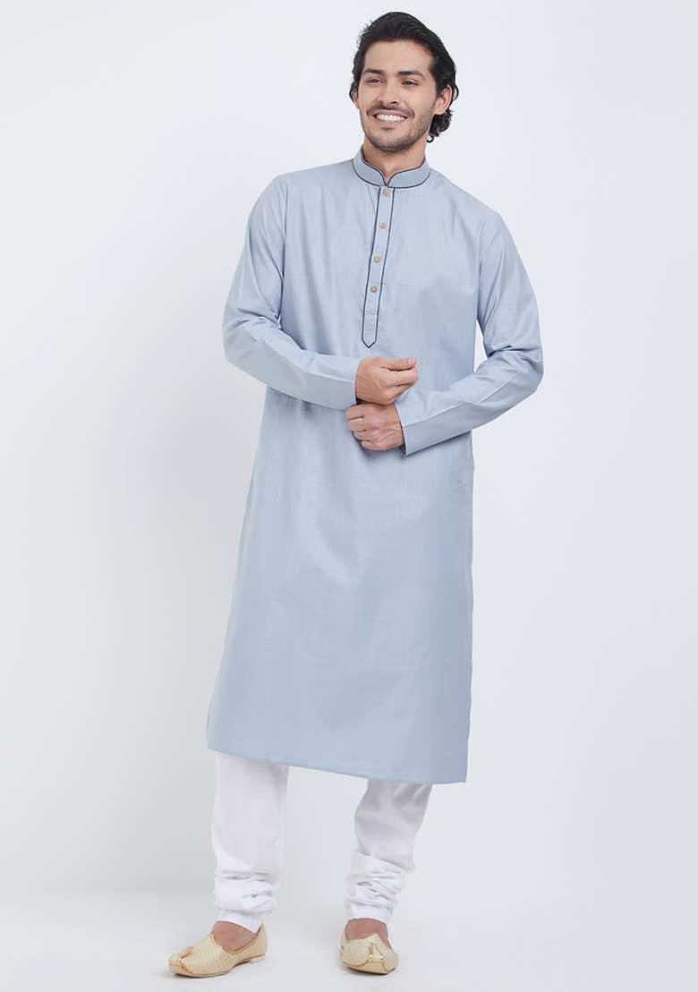 Sky Blue Plain Cotton Kurta Set For Men - Indya