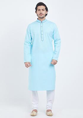 Sky Blue Plain Cotton Kurta Set For Men