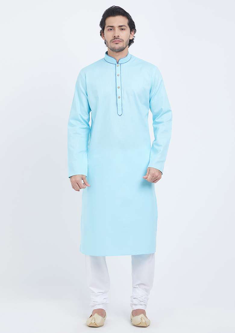 Sky Blue Plain Cotton Kurta Set For Men - Indya