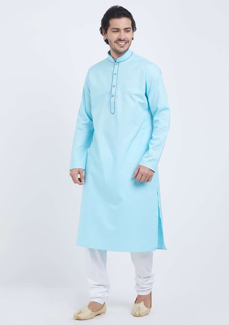 Sky Blue Plain Cotton Kurta Set For Men - Indya