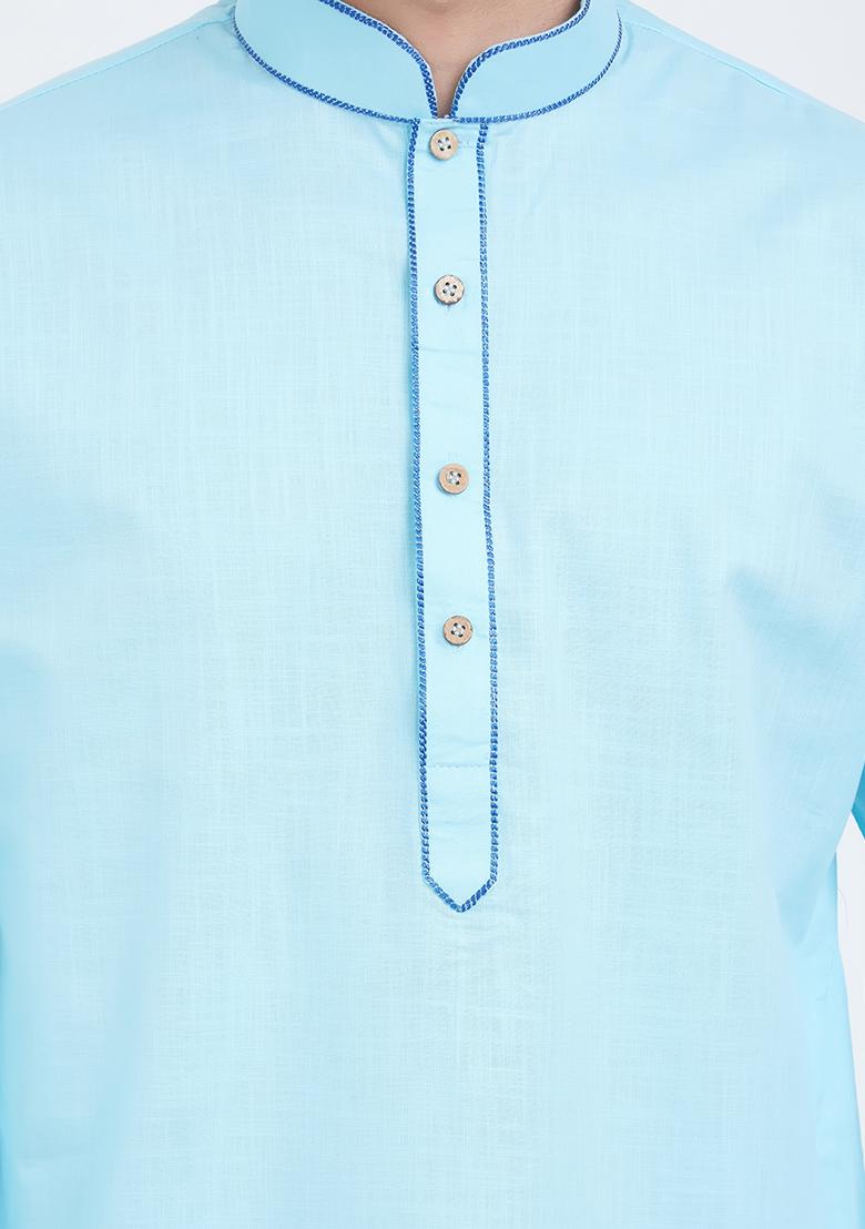 Sky Blue Plain Cotton Kurta Set For Men