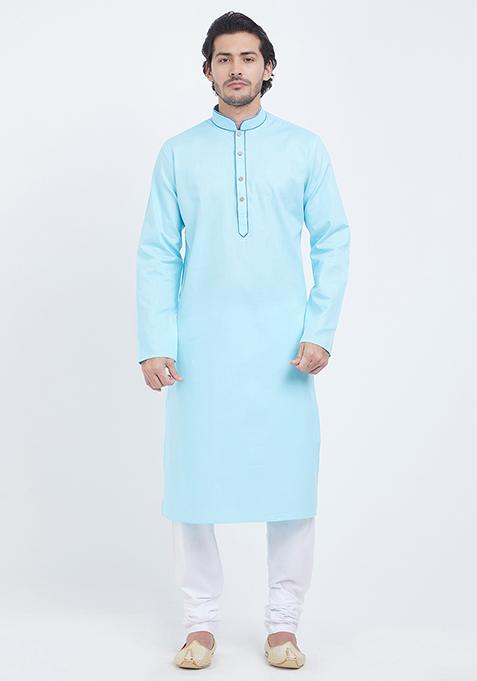 Sky Blue Plain Cotton Kurta Set For Men