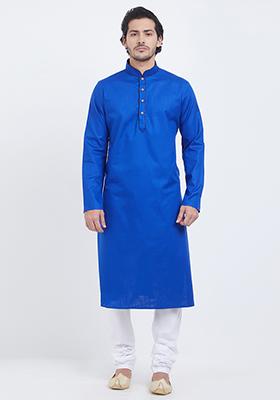 Royal Blue Plain Cotton Kurta Set For Men