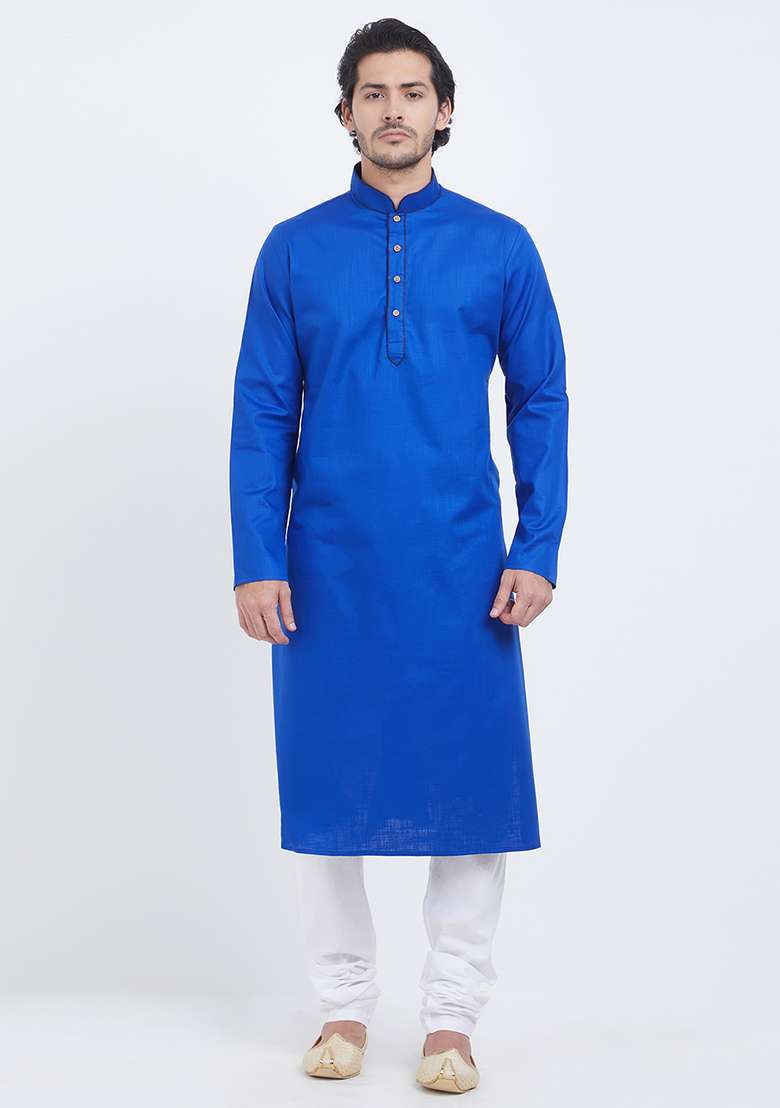 Royal Blue Plain Cotton Kurta Set For Men - Indya
