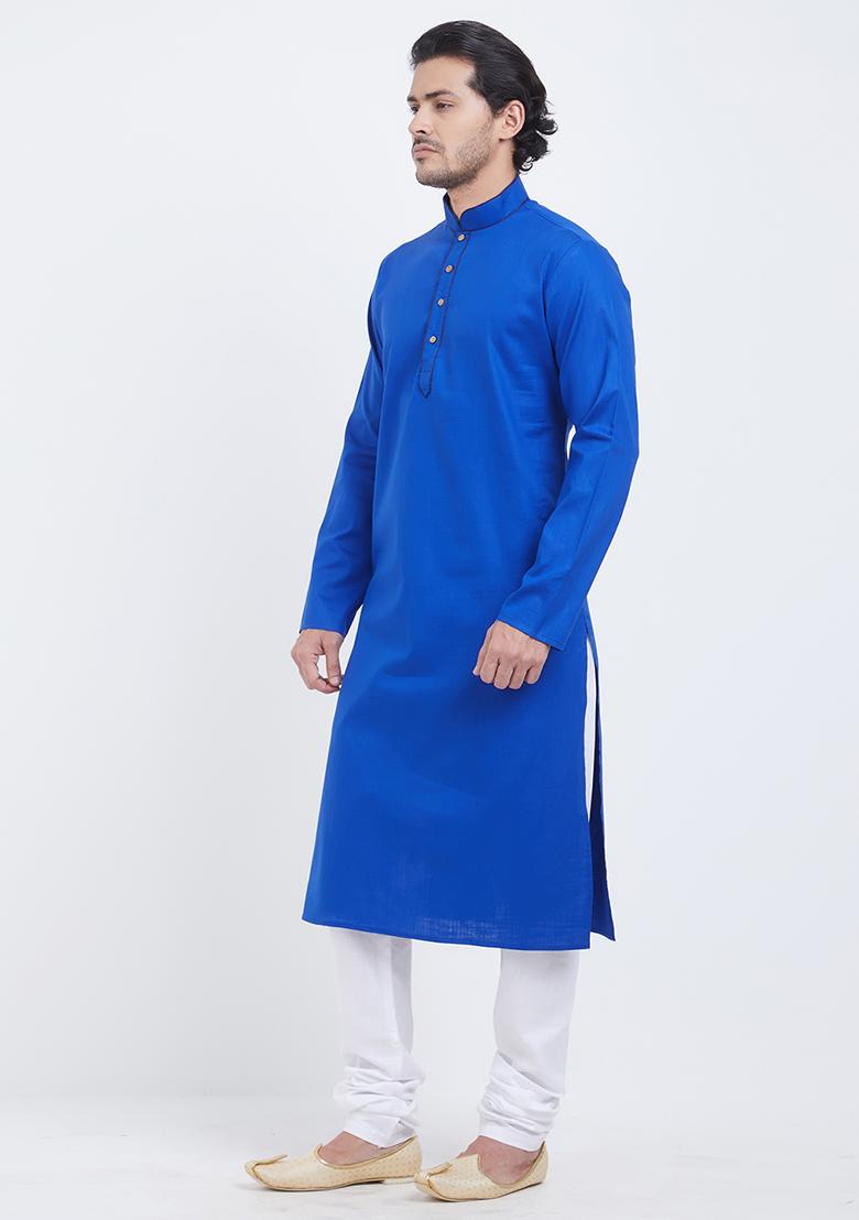 Royal Blue Plain Cotton Kurta Set For Men
