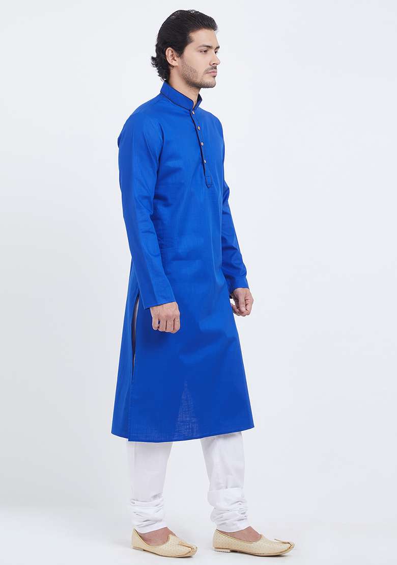 Royal Blue Plain Cotton Kurta Set For Men - Indya