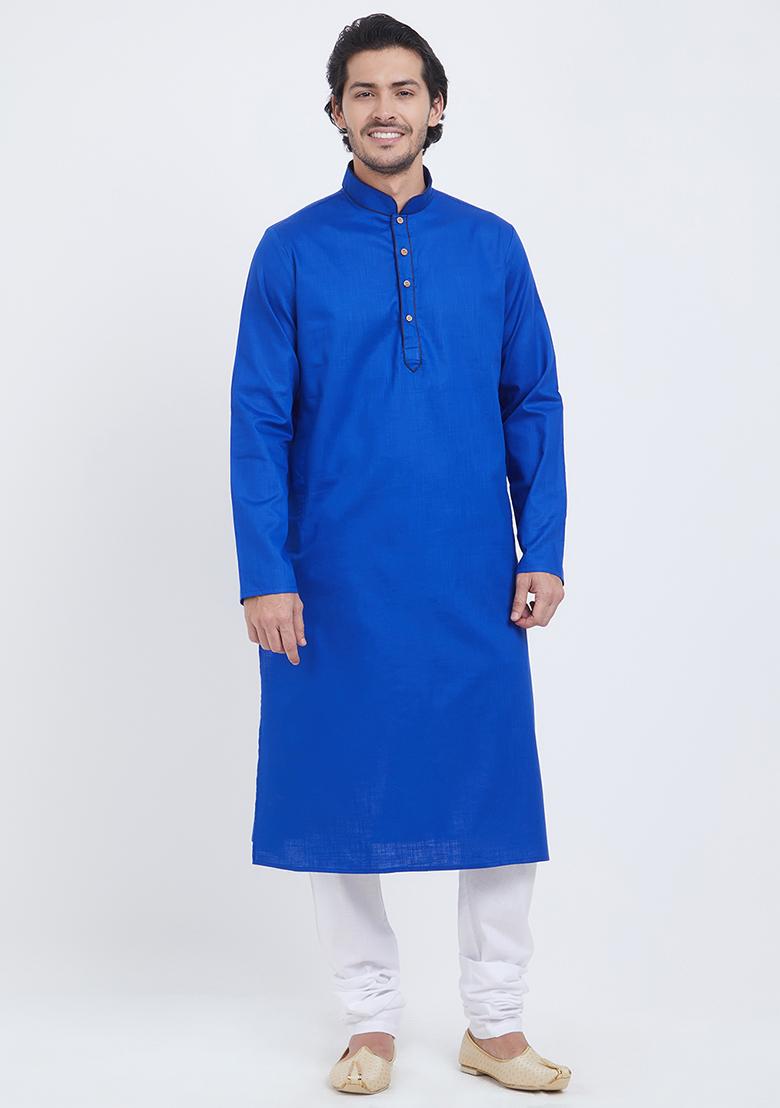 Royal Blue Plain Cotton Kurta Set For Men