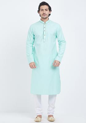 Sky Blue Plain Cotton Kurta Set For Men