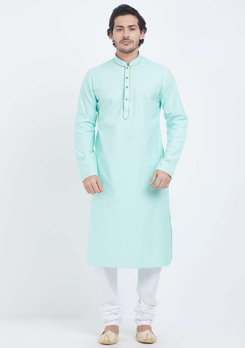 Sky Blue Plain Cotton Kurta Set For Men - Indya