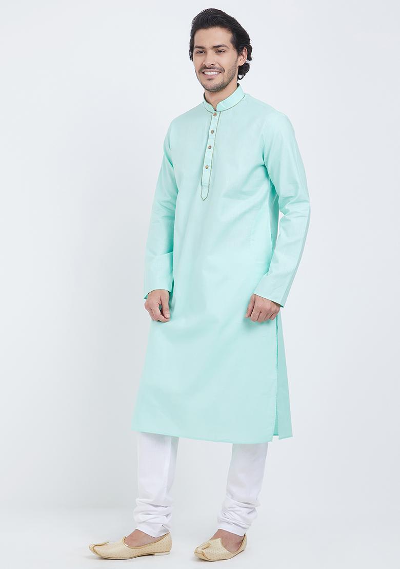 Sky Blue Plain Cotton Kurta Set For Men
