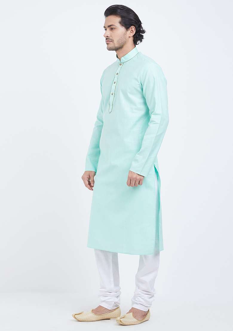 Sky Blue Plain Cotton Kurta Set For Men - Indya