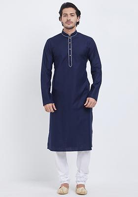 Dark Blue Plain Cotton Kurta Set For Men