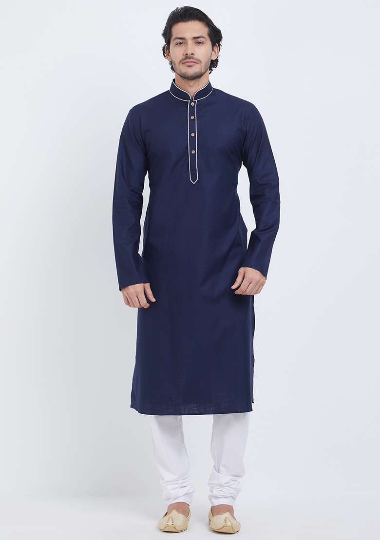 Dark Blue Plain Cotton Kurta Set For Men - Indya