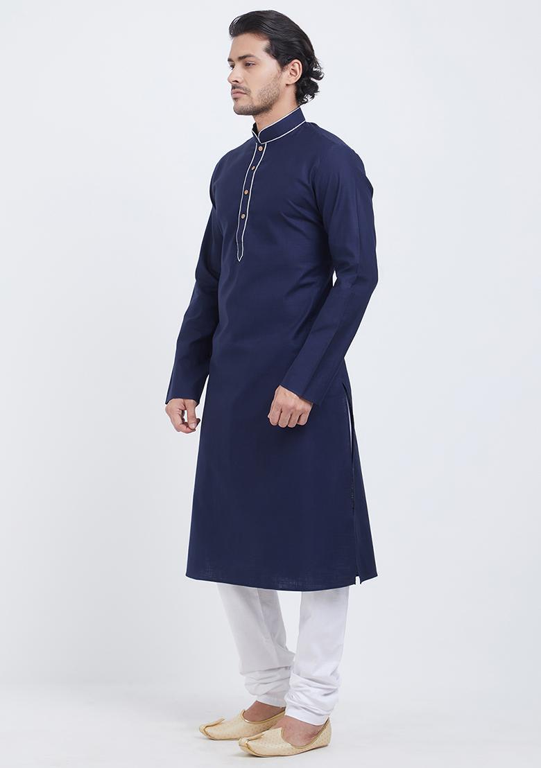 Dark Blue Plain Cotton Kurta Set For Men