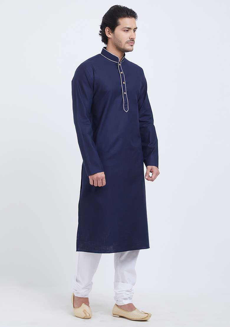 Dark Blue Plain Cotton Kurta Set For Men - Indya