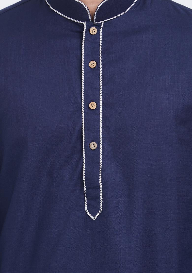 Dark Blue Plain Cotton Kurta Set For Men