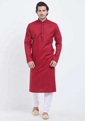 Red Plain Cotton Kurta Set For Men