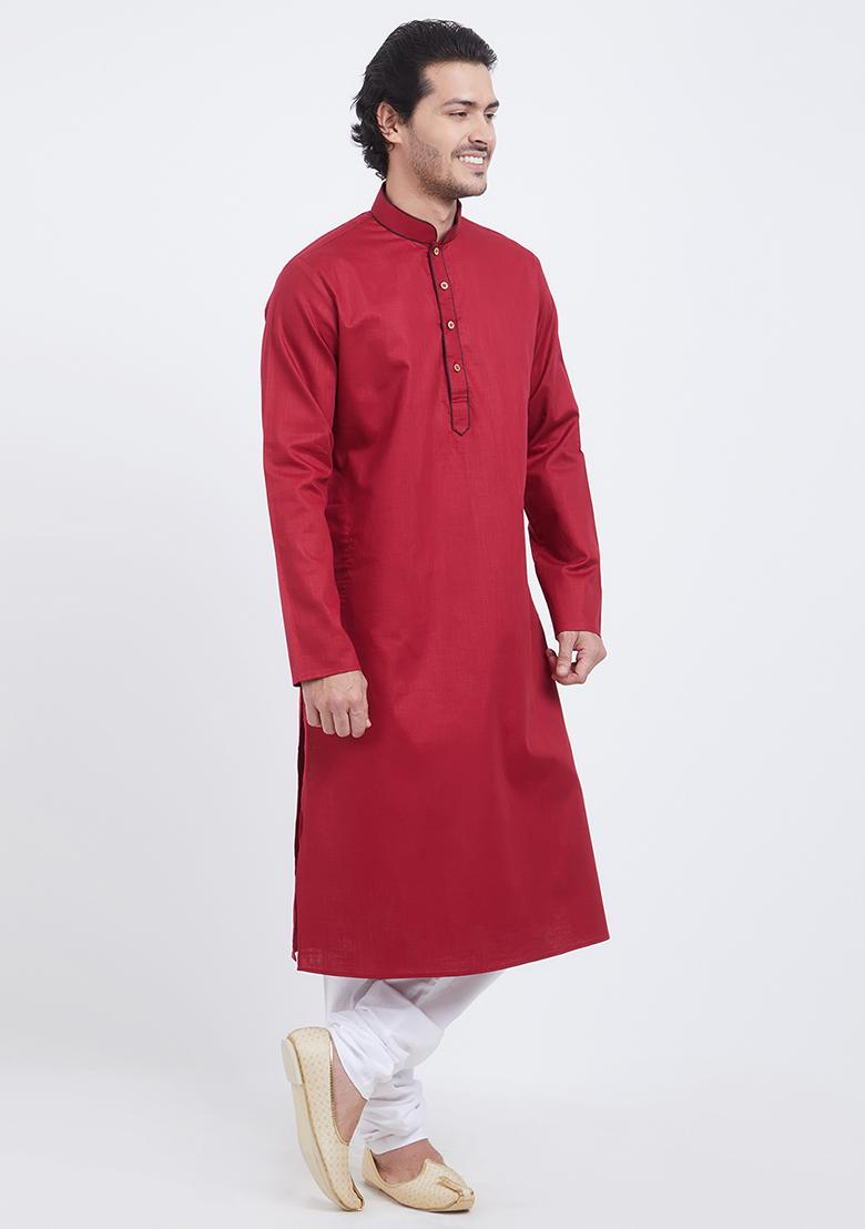 Red Plain Cotton Kurta Set For Men