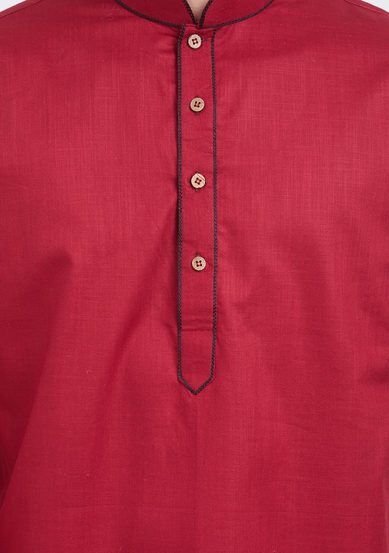 Red Plain Cotton Kurta Set For Men
