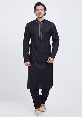 Black Plain Cotton Kurta Set For Men