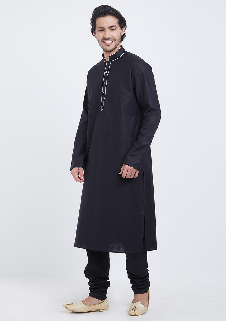 Black Plain Cotton Kurta Set For Men