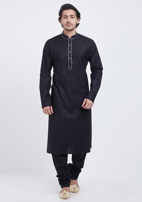 Black Plain Cotton Kurta Set For Men
