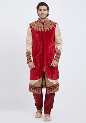Red Embroidered Brocade Sherwani For Men
