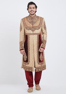 Fawn Yellow Embroidered Brocade Sherwani For Men