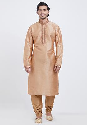 Chiku Brown Embroidered Silk Kurta Set For Men
