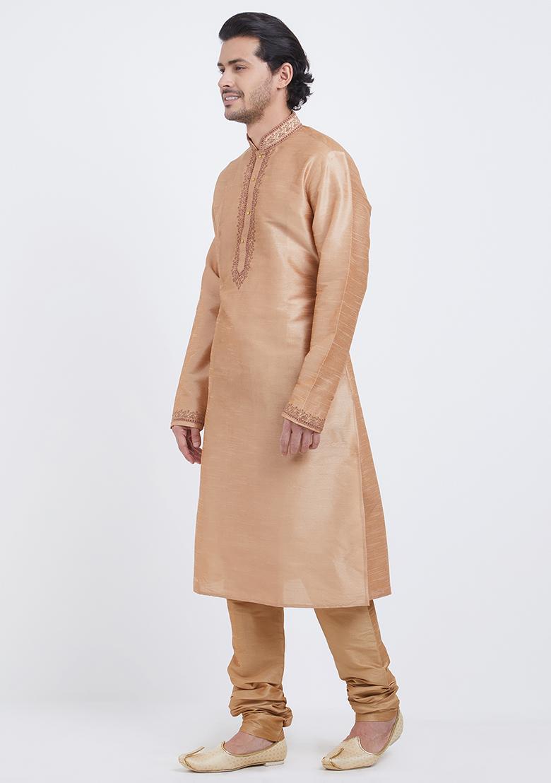 Chiku Brown Embroidered Silk Kurta Set For Men