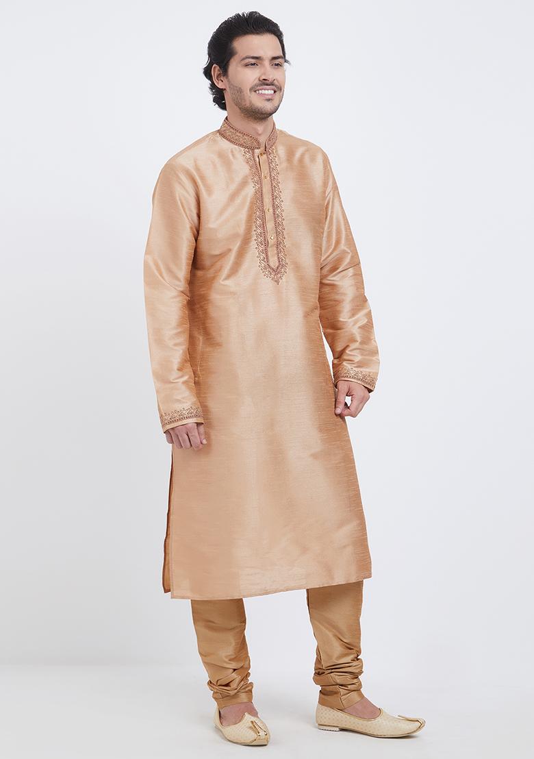 Chiku Brown Embroidered Silk Kurta Set For Men
